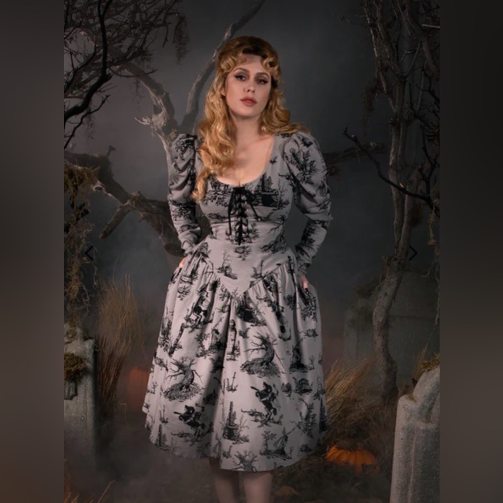 La Femme en Noir XL Sleepy Hollow Gothic Tales Toile Wiggle Dress in Grey
